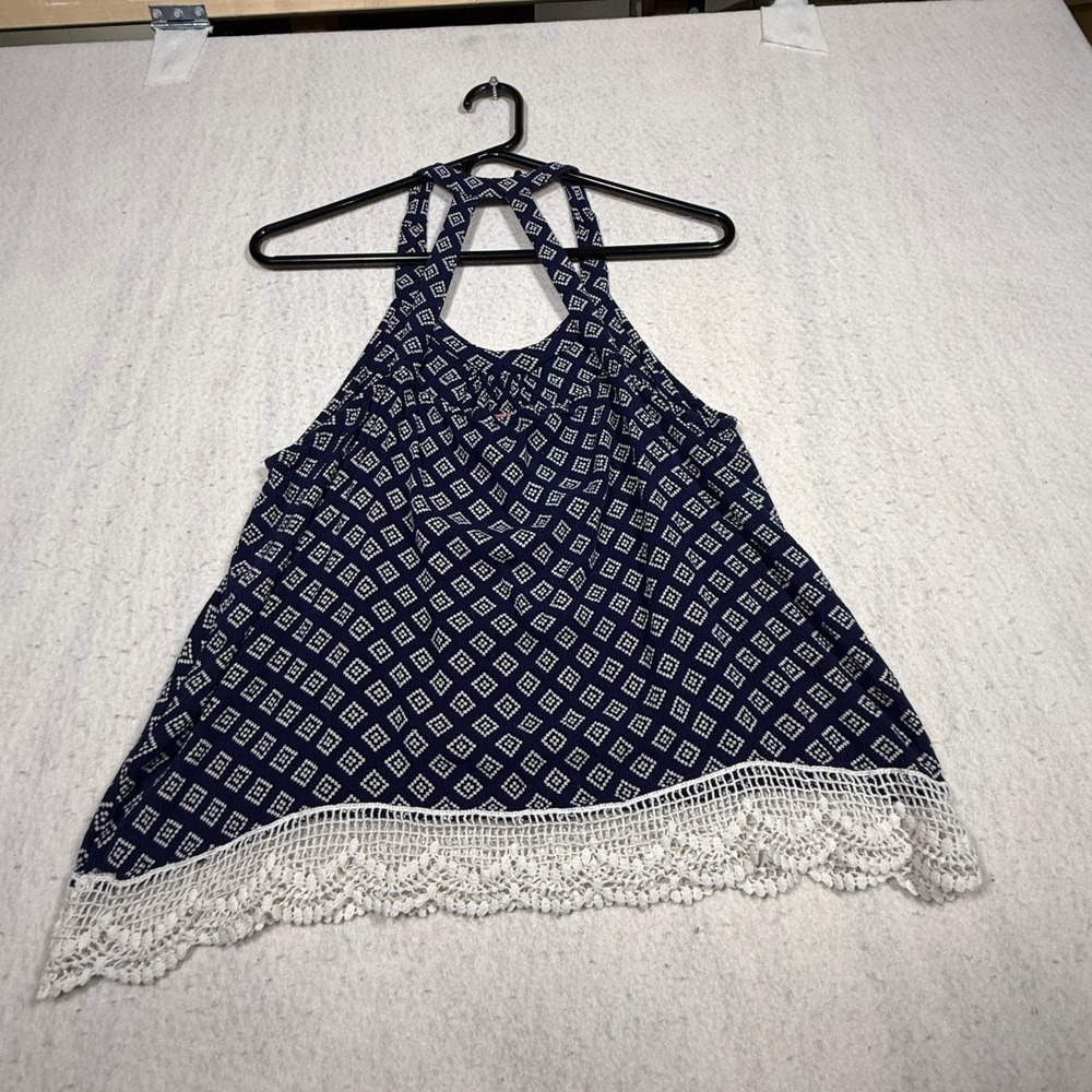 Indulge in Style Navy Blue Geometric Diamond Halter Top with Crochet Lace Trim M